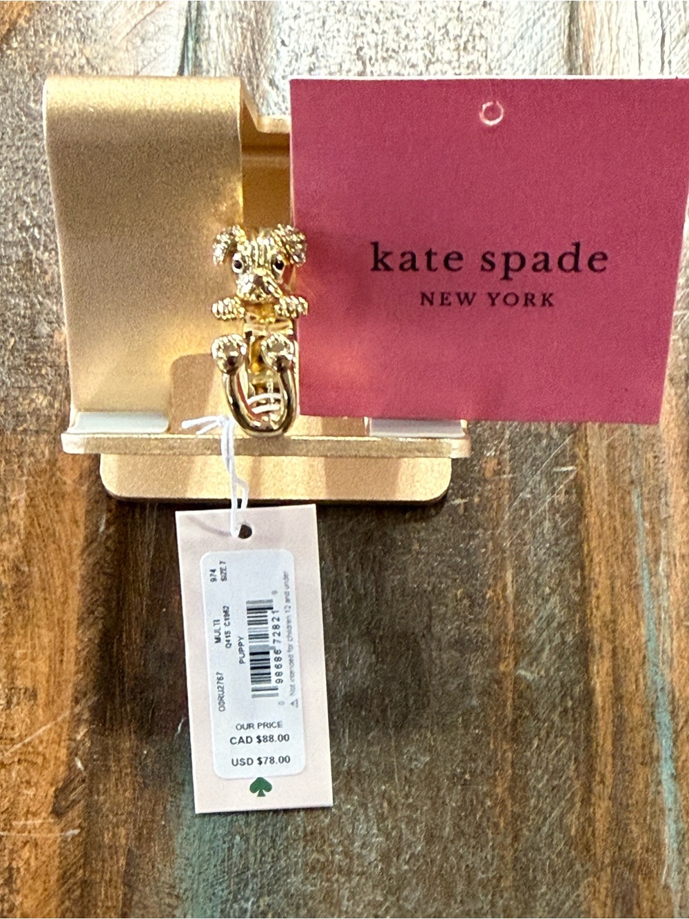 Kate Spade New York Women’s Size 7 Gold Puppy Dog Statement Ring NWT